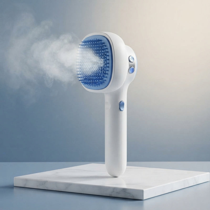 3-in-1 pet steam grooming brush for shedding and massage centered against a professional dusty blue and cream gradient.