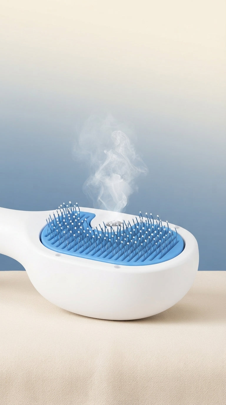 A 3-in-1 pet steam grooming brush centered on a neutral, modern gradient background.