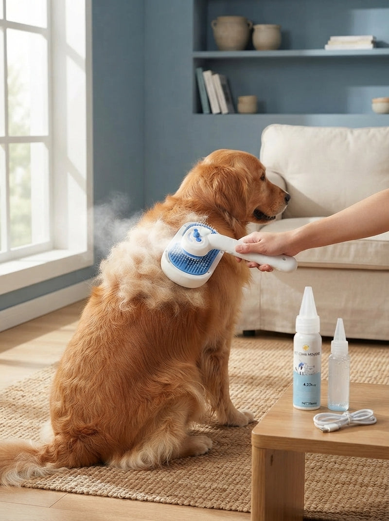 A person using a steam grooming brush on a Golden Retriever to remove loose undercoat fur in a home setting.