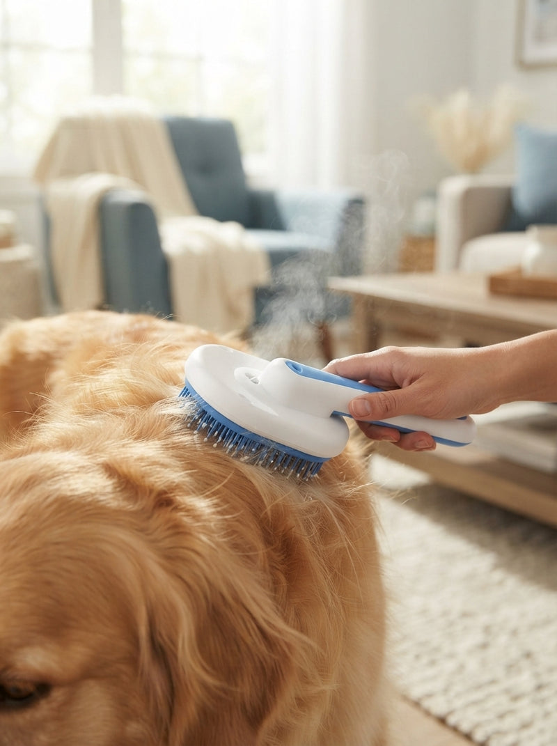 A close-up view of a steam grooming brush being used on a dog, showing steam coming from the bristles.