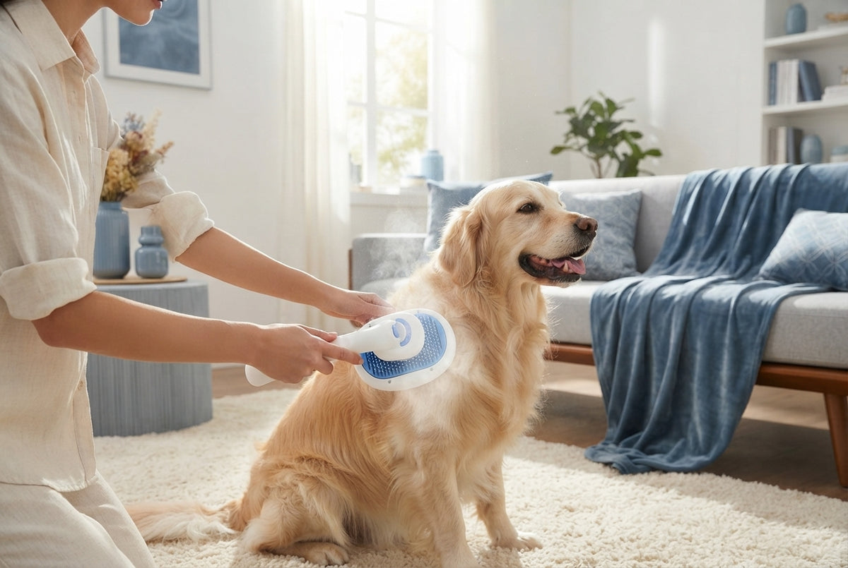 A person using a steam grooming brush on a golden retriever in a modern, bright living room.